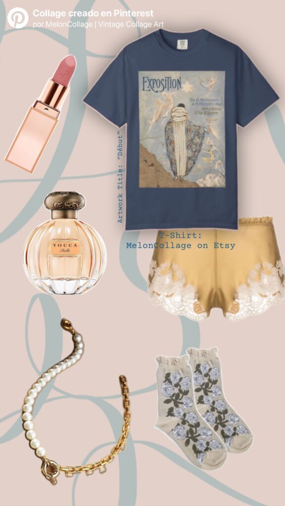 Vintage-inspired blue t-shirt outfit with romantic socks, pearl necklace, and original collage print for a soft, feminine style. T-shirt is printed with the original collage artwork, "Début".