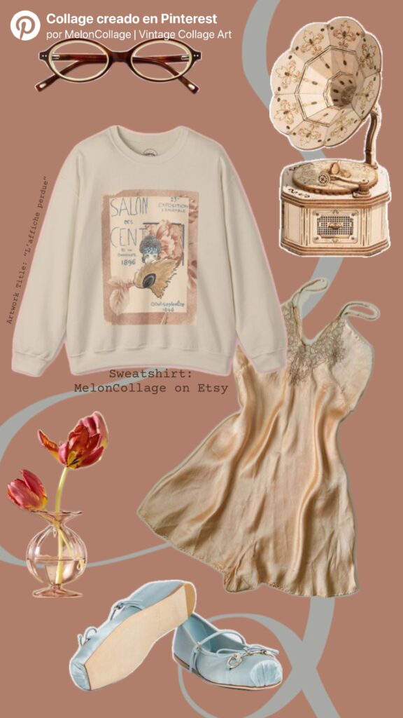 Vintage aesthetic collage featuring a beige sweatshirt with the original artwork “L’affiche perdue”, styled with retro optical glasses, a warm beige romper, light blue ballerina flats, an antique beige record player, and a small vase of tulips.