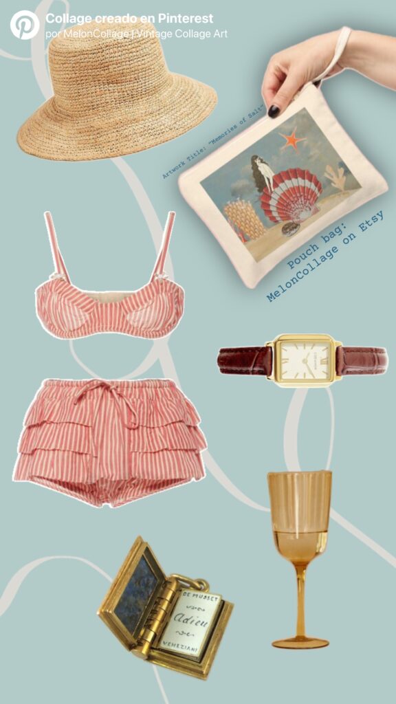 vintage-inspired summer outfit with a pouch bag featuring the “Memories of Salt” artwork. Styled with a red-striped retro bikini, straw hat, vintage watch, and warm-toned accessories evoking nostalgic beach vibes.